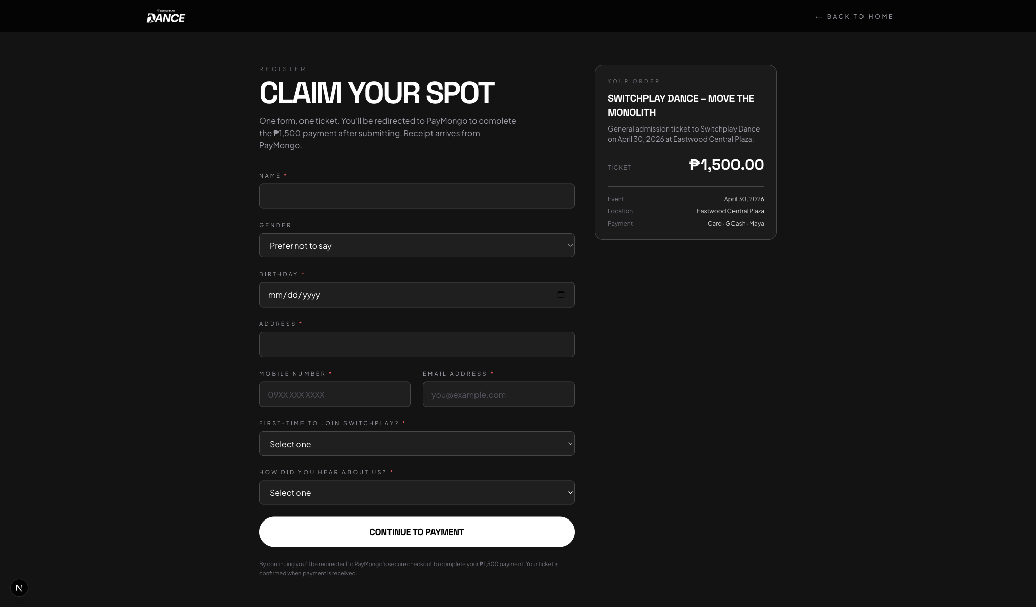 SwitchPlay Dance registration and order page