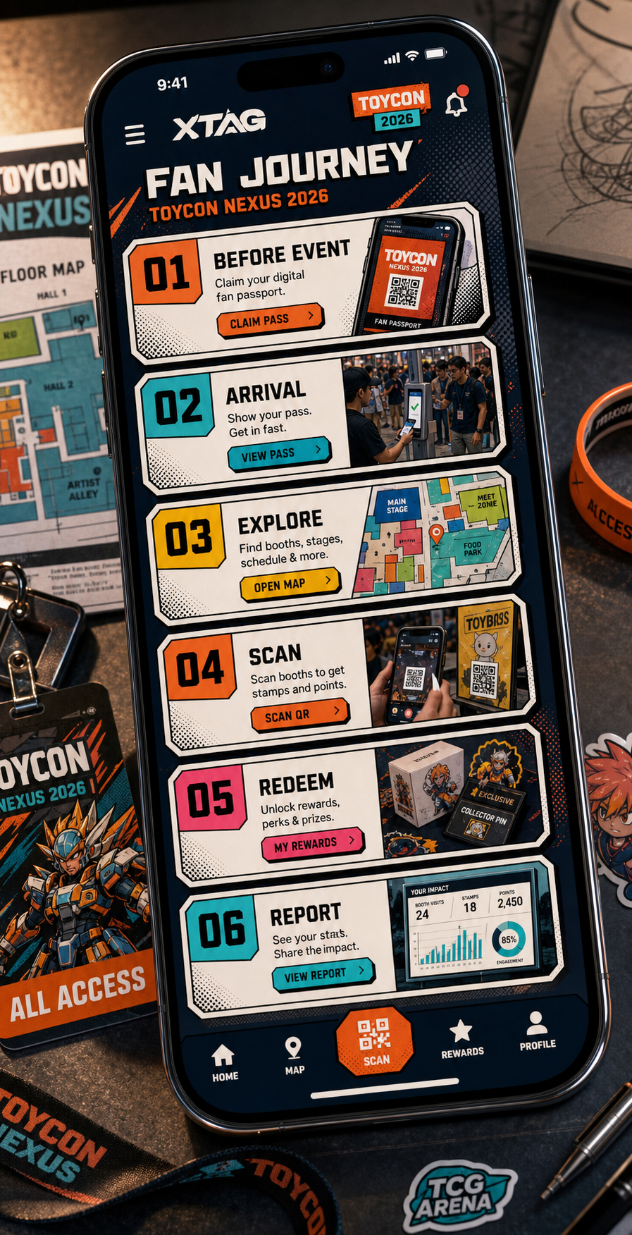 Realistic phone poster showing the ToyCon fan journey digital pass experience